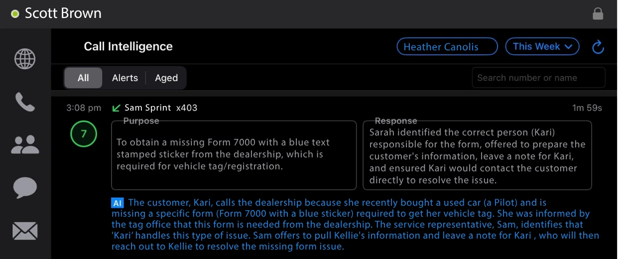 WebFones Call Intelligence inside the Mac app showing AI-generated purpose, response, and conversation summary for an inbound call