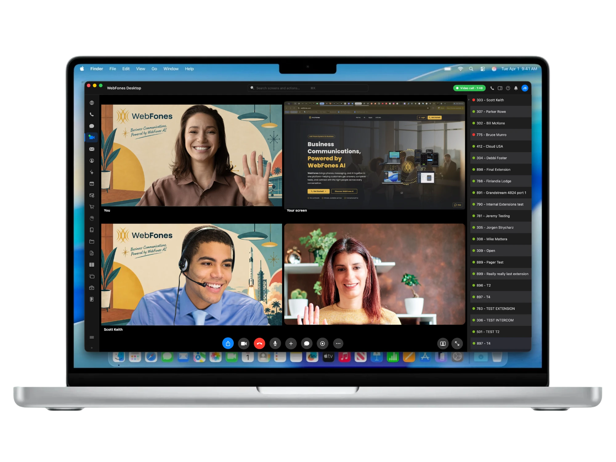 WebFones Voice on a MacBook: a live video call with screen sharing and the team extensions sidebar