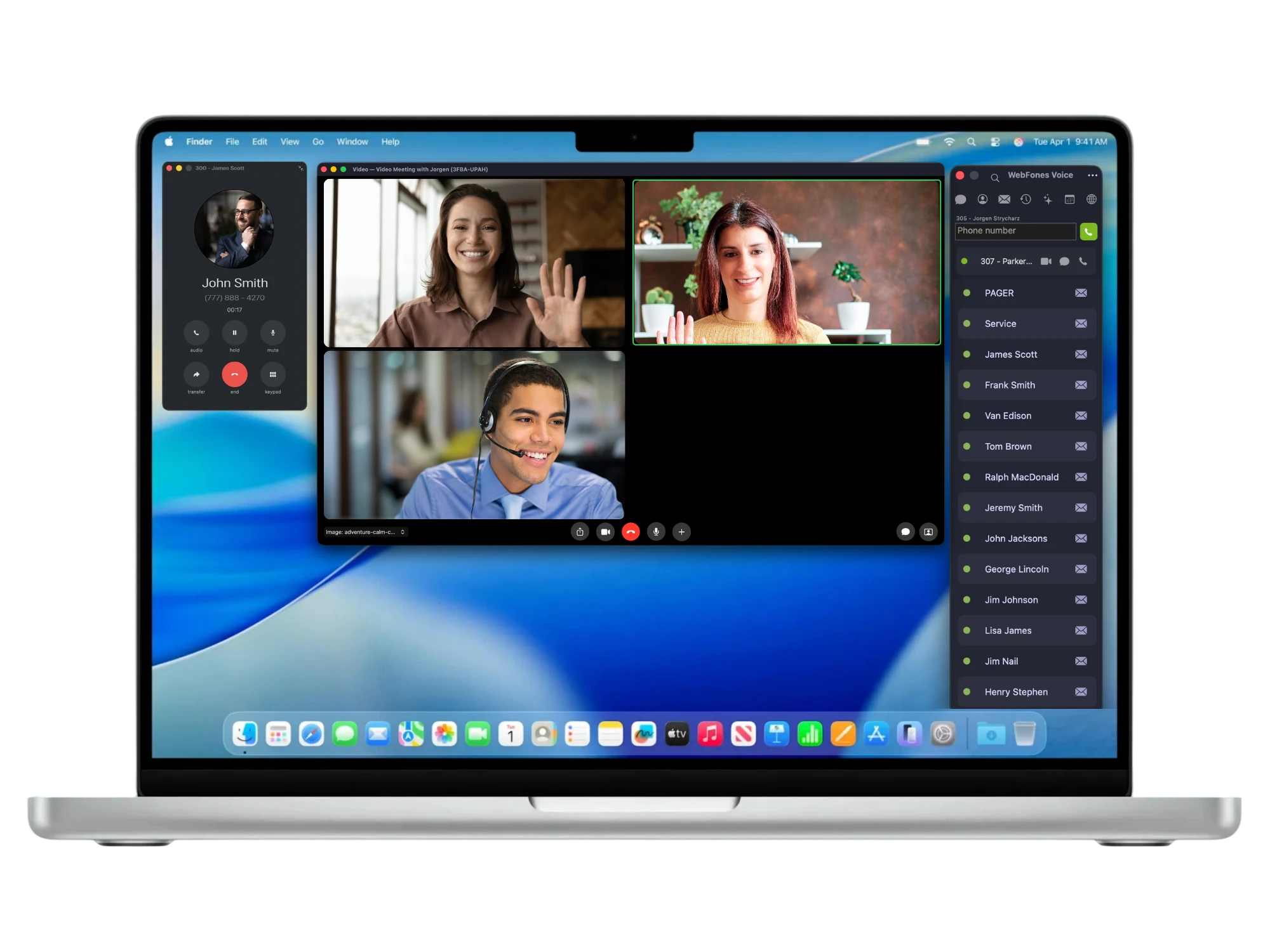 WebFones Voice on a MacBook: an active call, a live video meeting, and the team sidebar side by side
