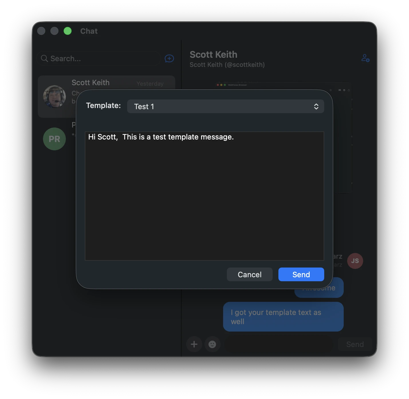 WebFones Voice for Mac messaging templates window with a template selected and ready to send