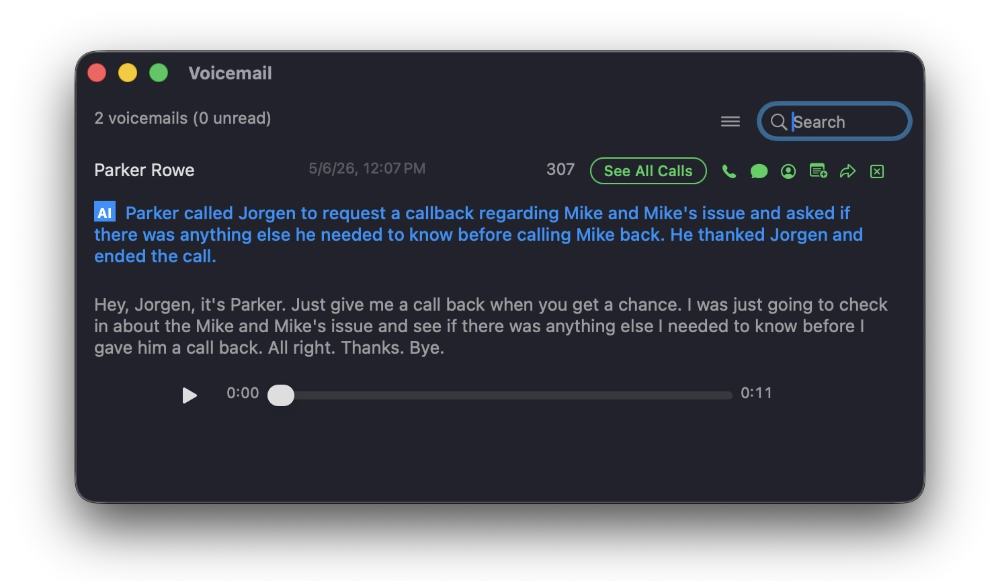 WebFones Voice for Mac voicemail window showing AI summary at the top, full transcript below, and audio playback controls