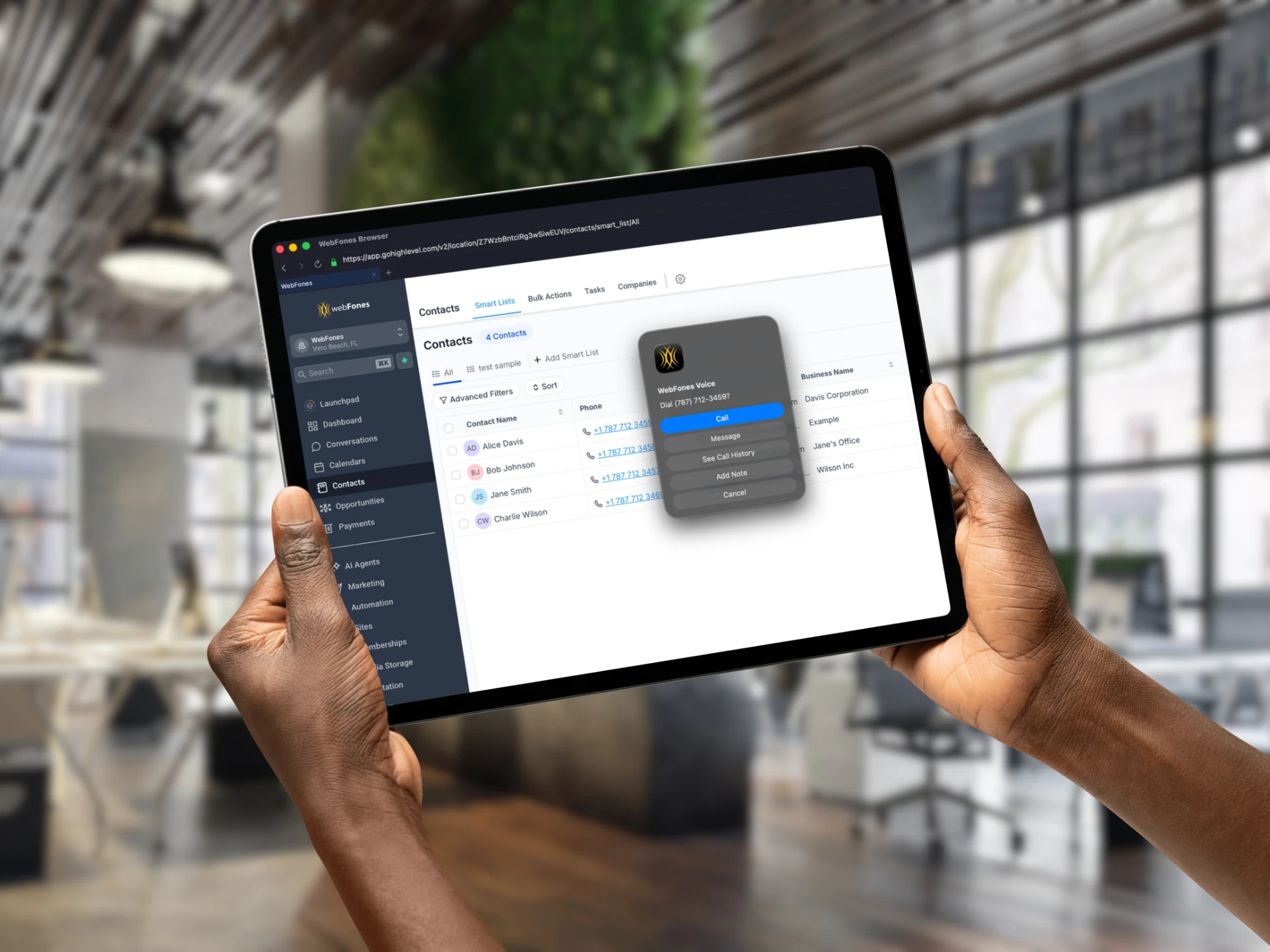 WebFones Browser showing click-to-call functionality