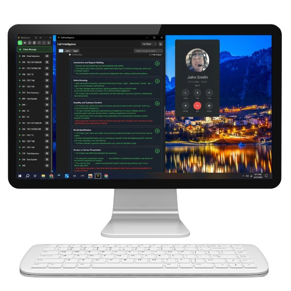 WebFones Voice for Windows — active call window with contact details and extension presence (UI is the same across platforms)