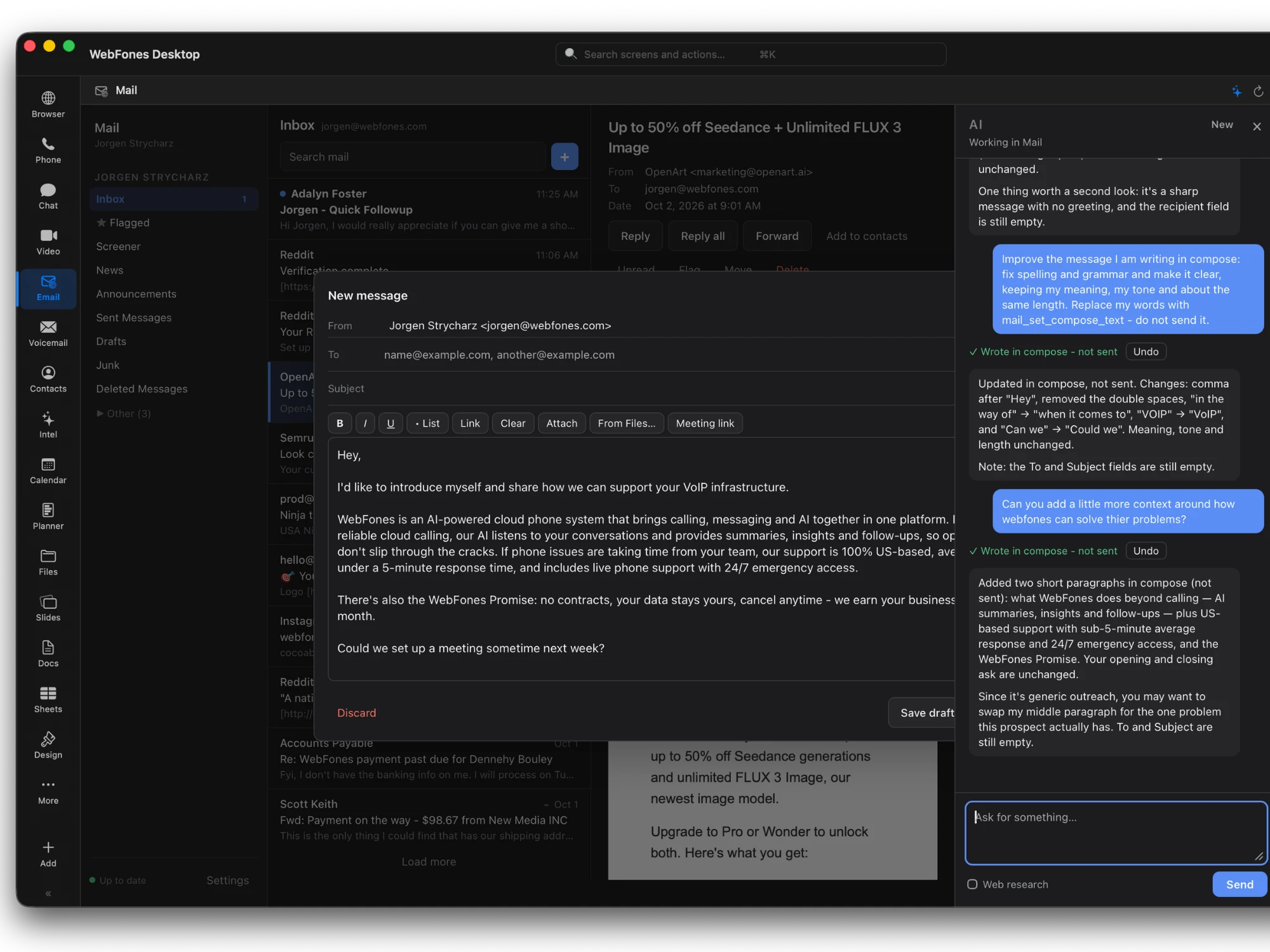 WebFones AI working in Mail, improving a draft in the compose window and explaining each change in a side panel