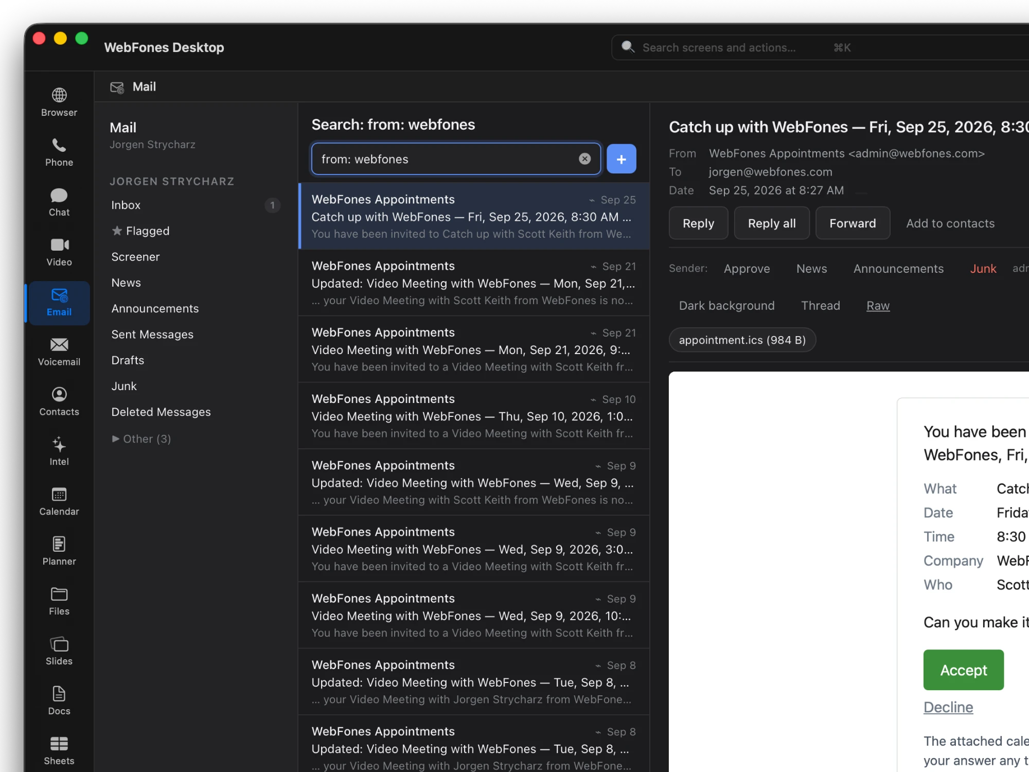 WebFones Email search with a from: webfones query returning every matching message instantly
