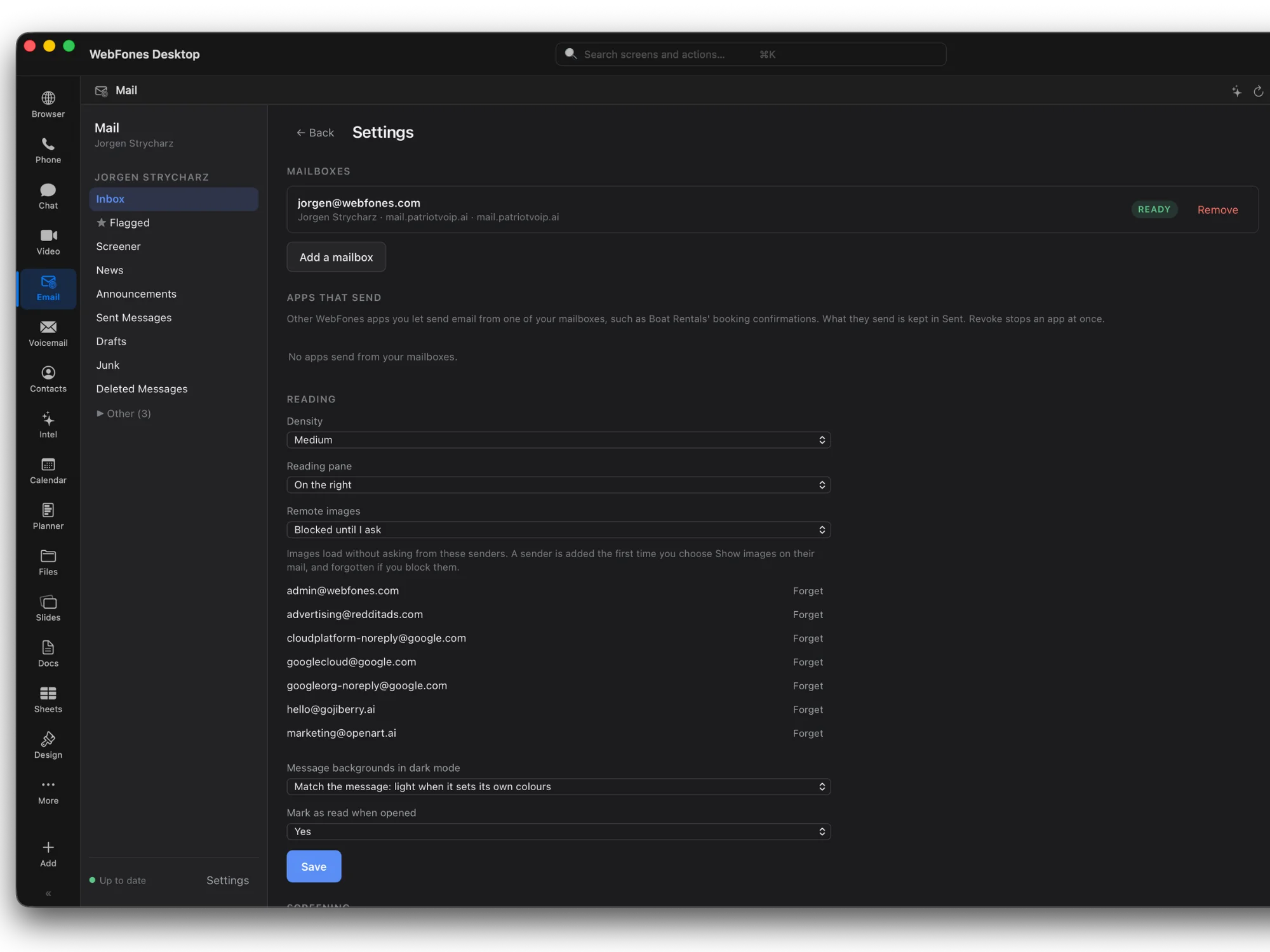 WebFones Email settings with mailboxes, approved senders, reading preferences, and screening controls