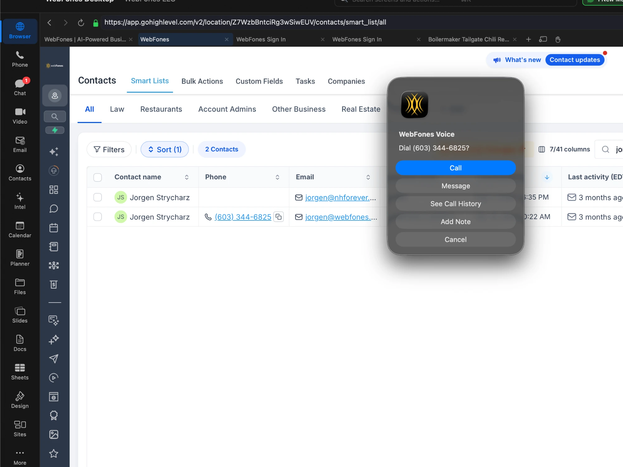 Click-to-call from a CRM contact list in the WebFones Browser