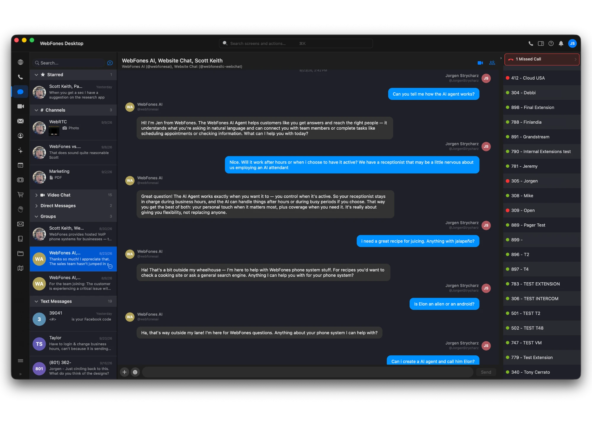 Channels, groups, and SMS in WebFones Chat