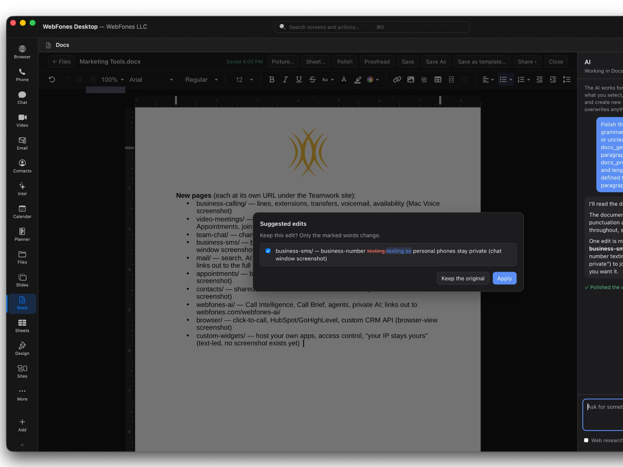 WebFones AI suggestions in Docs