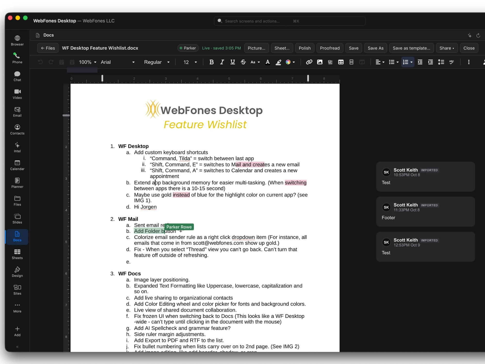 Live shared editing in WebFones Docs