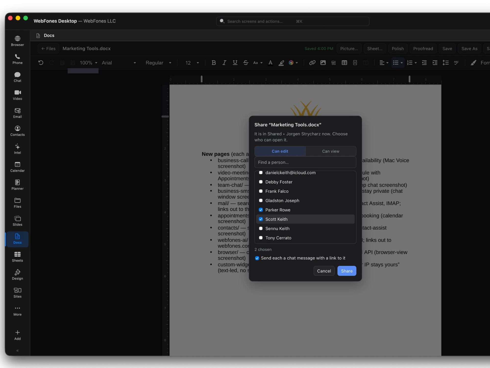Sharing a document from Docs