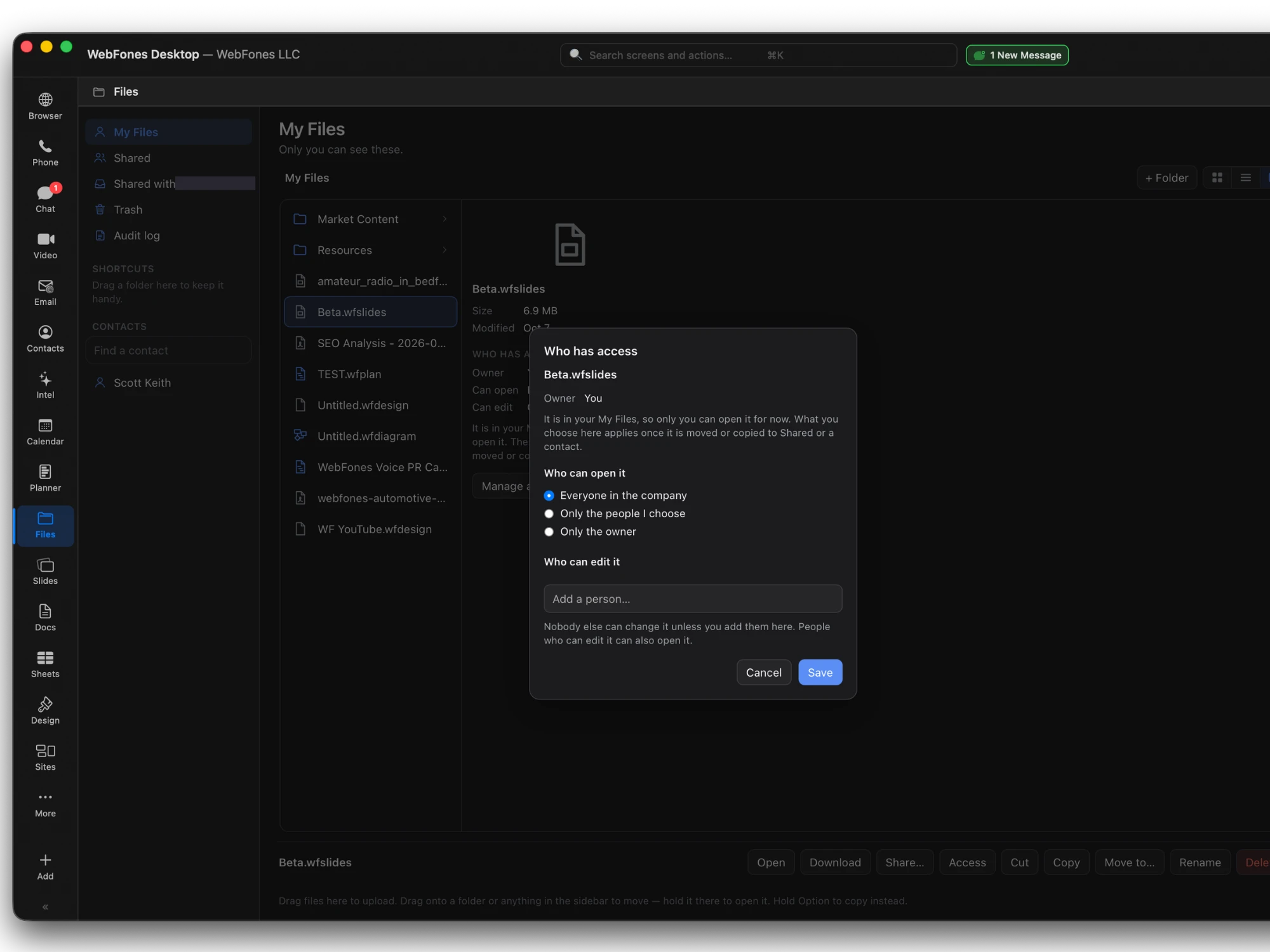 Sharing controls in WebFones Files