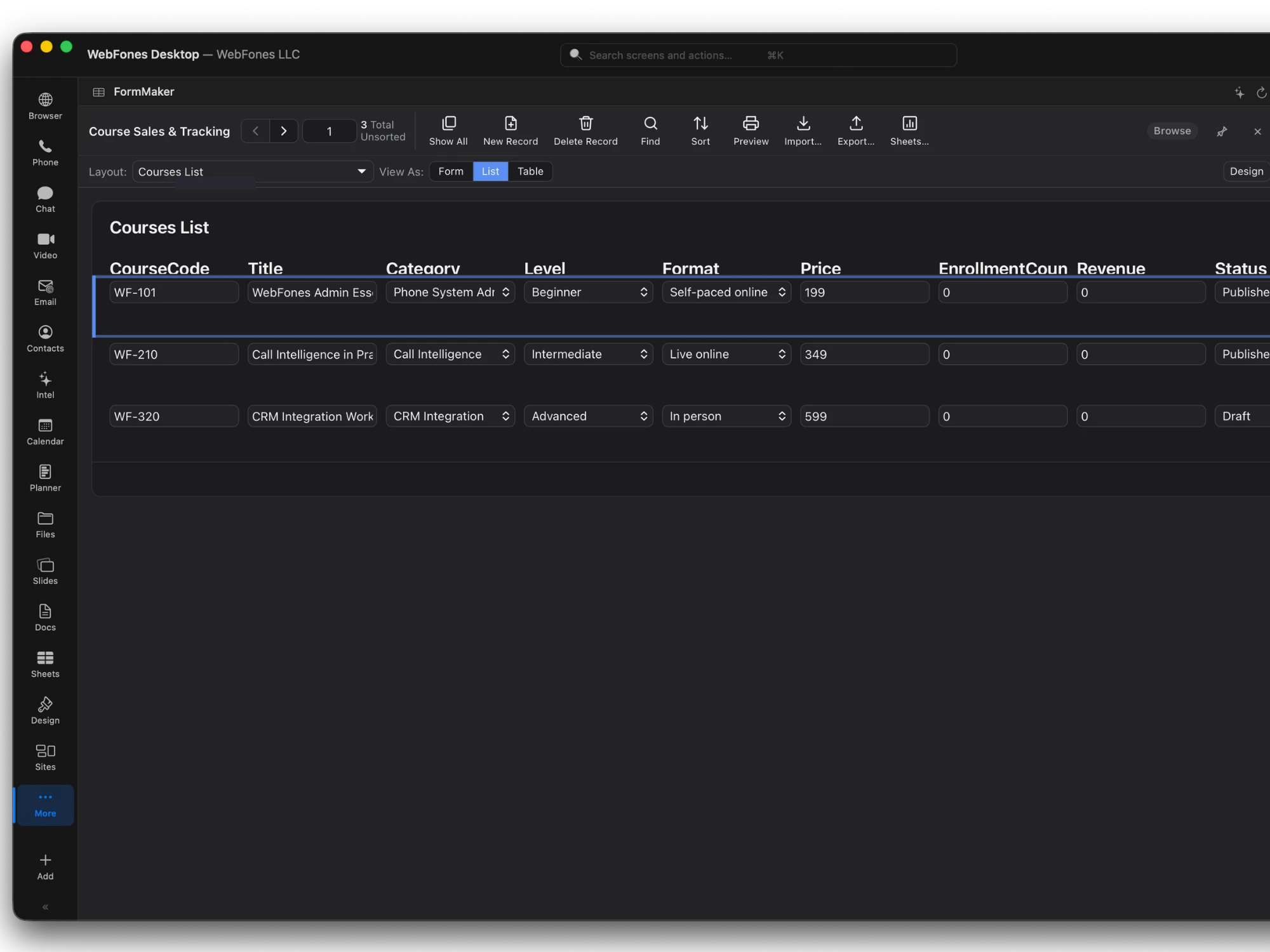A custom layout in WebFones FormMaker