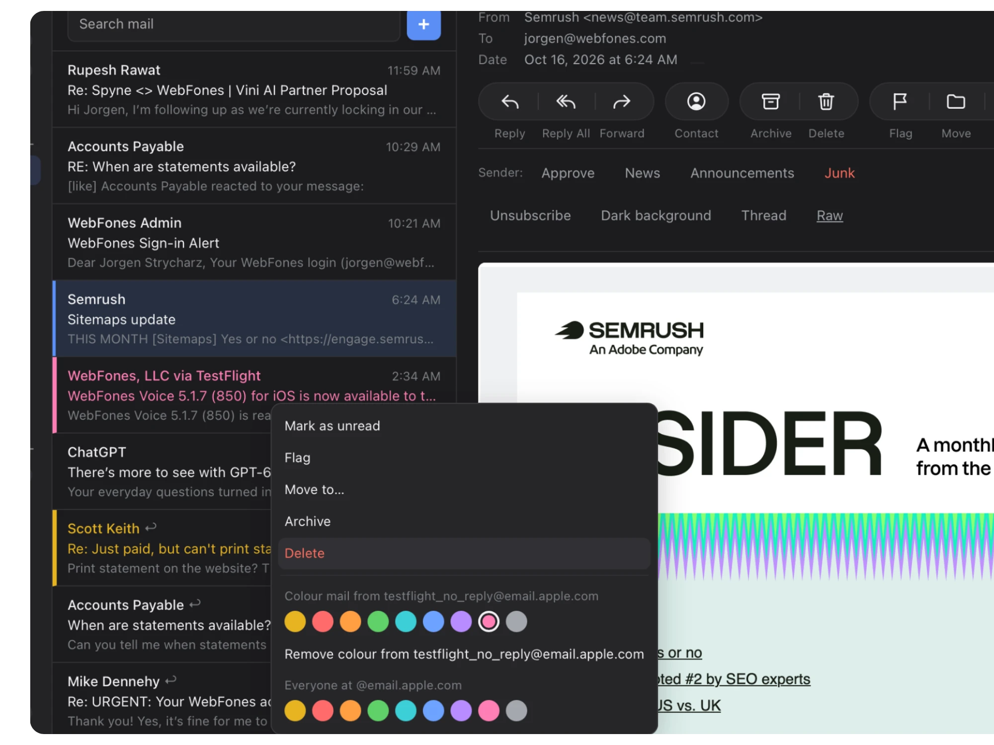 Color and view options in WebFones Email