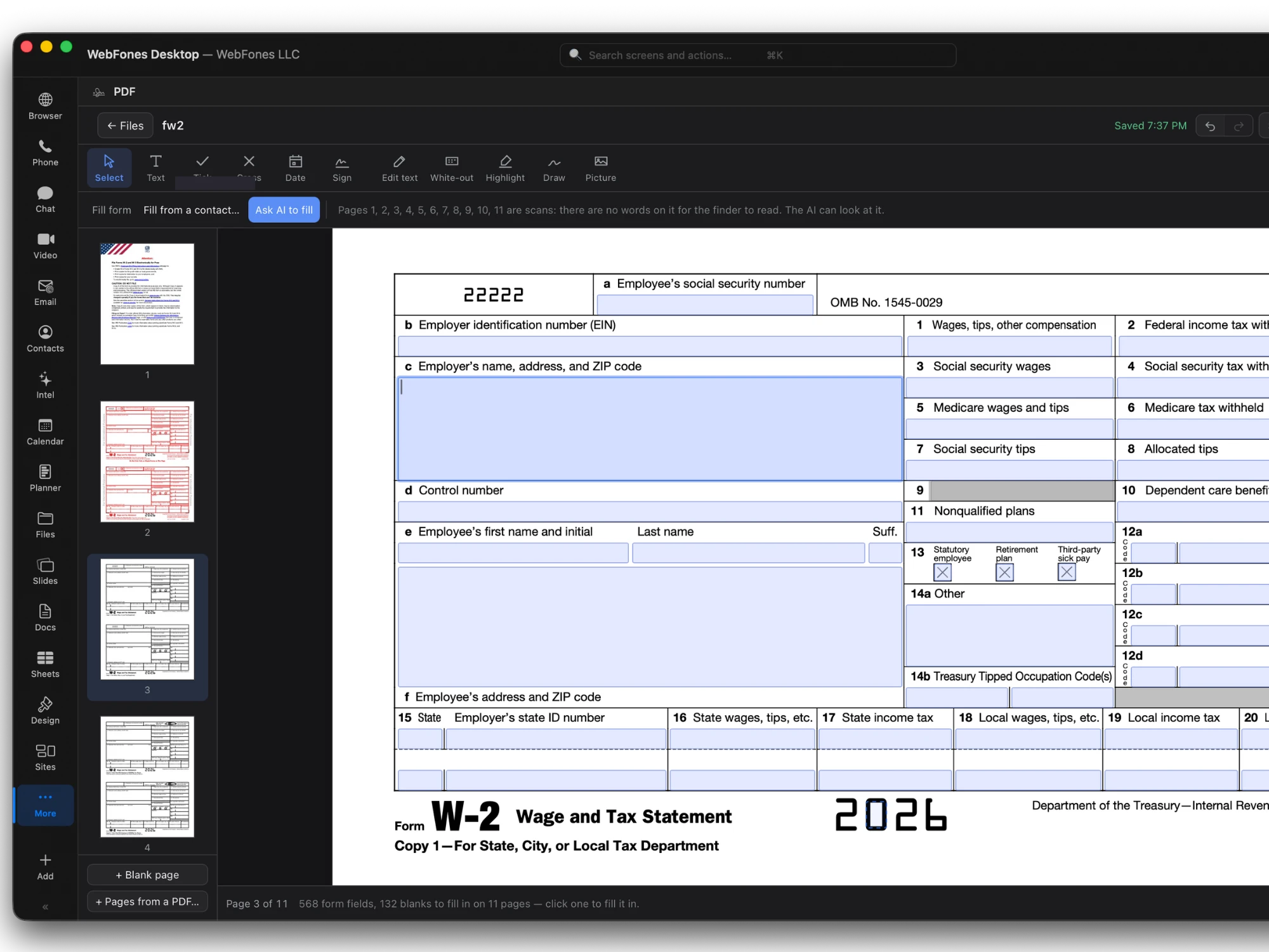 Filling a form in the WebFones PDF Editor