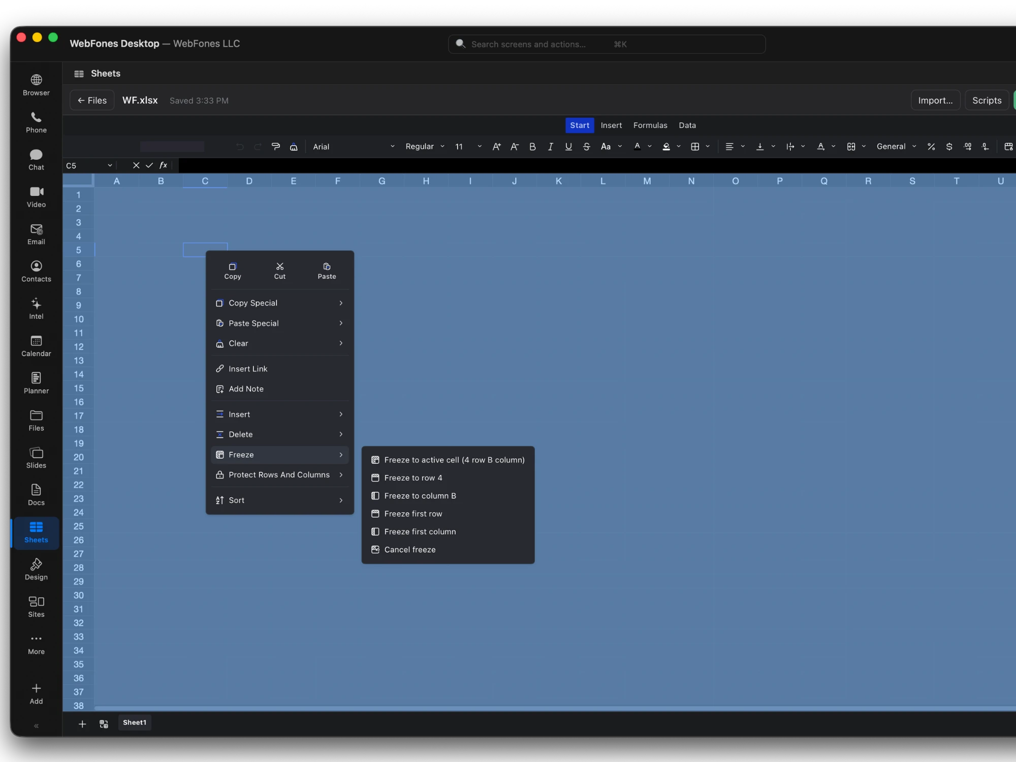Freeze, sort, and formatting tools in WebFones Sheets