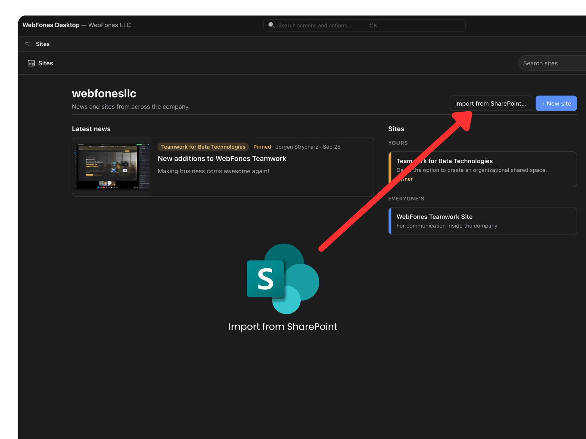 Importing a SharePoint site into WebFones Sites